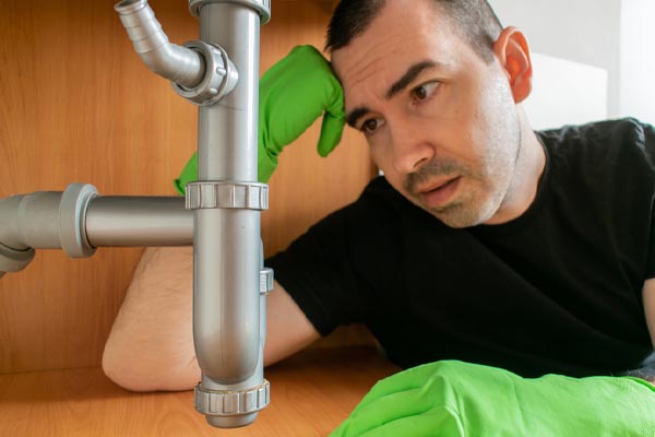 image of a homeowner delaing with airlock in plumbing drain
