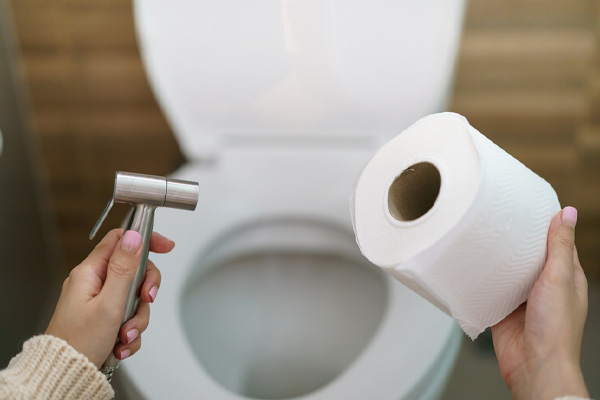 image of a homeowner choosing between toilet paper and bidet