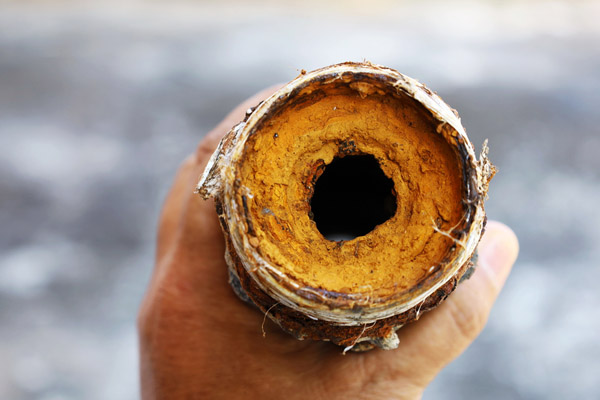 image of a galvanized plumbing pipe thats corroded and clogged