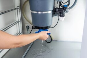 homeowner holding a rug under a leaking garbage disposal