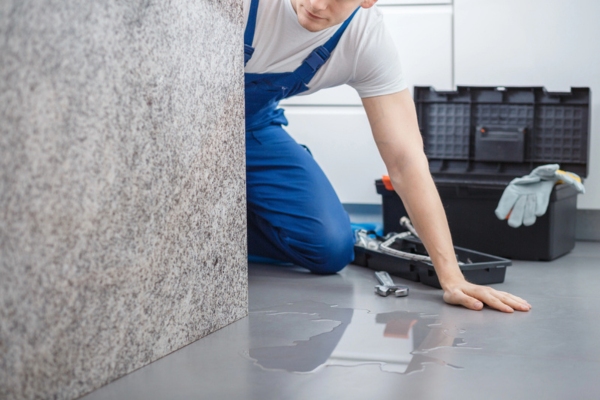 plumber with toolbox following water in the bathroom