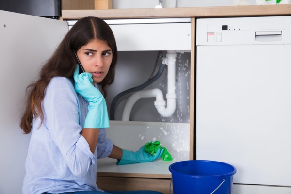 woman holding a rug while on the phone calling a professional plumber